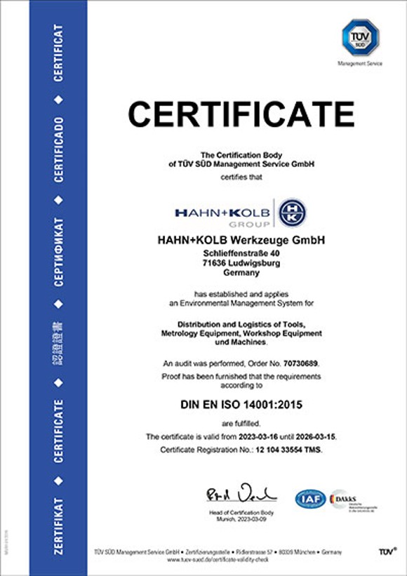 HAHN+KOLB's VDA 6.2 certificate.