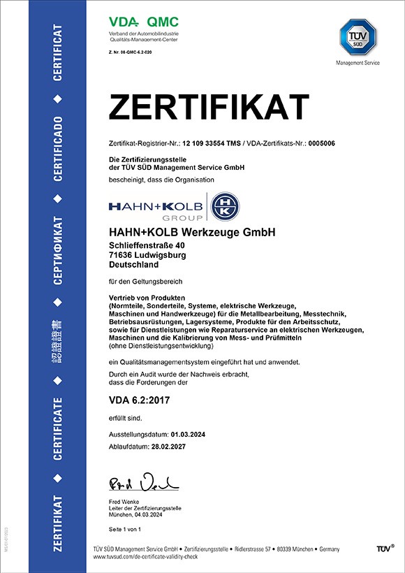 Das VDA 6.2-Zertifikat von HAHN+KOLB.